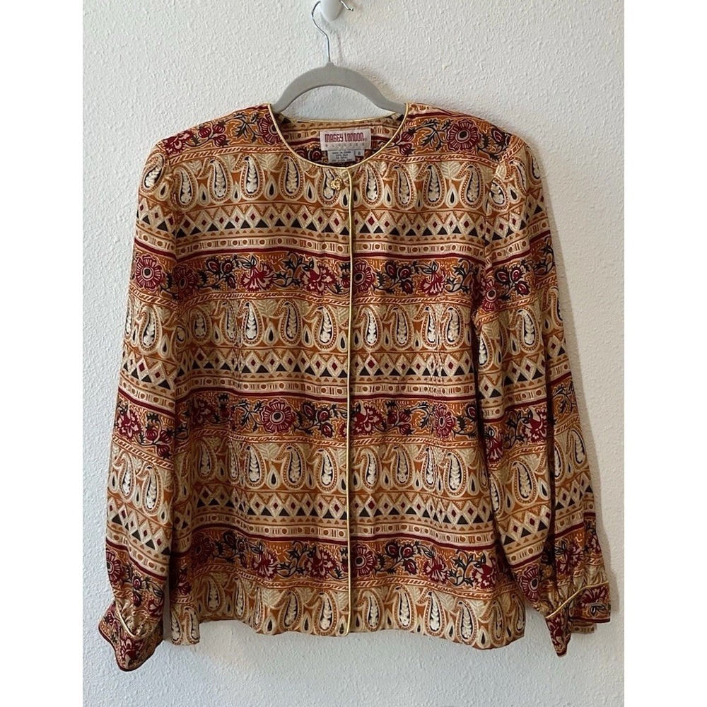 Maggy London Vintage Patterned Long Sleeve Blouse Shirt Women's Size 6 100% Silk